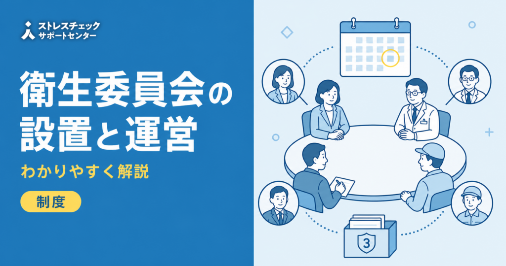 衛生委員会の設置義務やメンバー構成、毎月の開催と議事録保存の流れを会社目線で整理したイメージ
