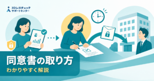 ストレスチェックの結果を会社へ提供する同意書を、受検後に本人が確認して取得する流れを示すイメージ