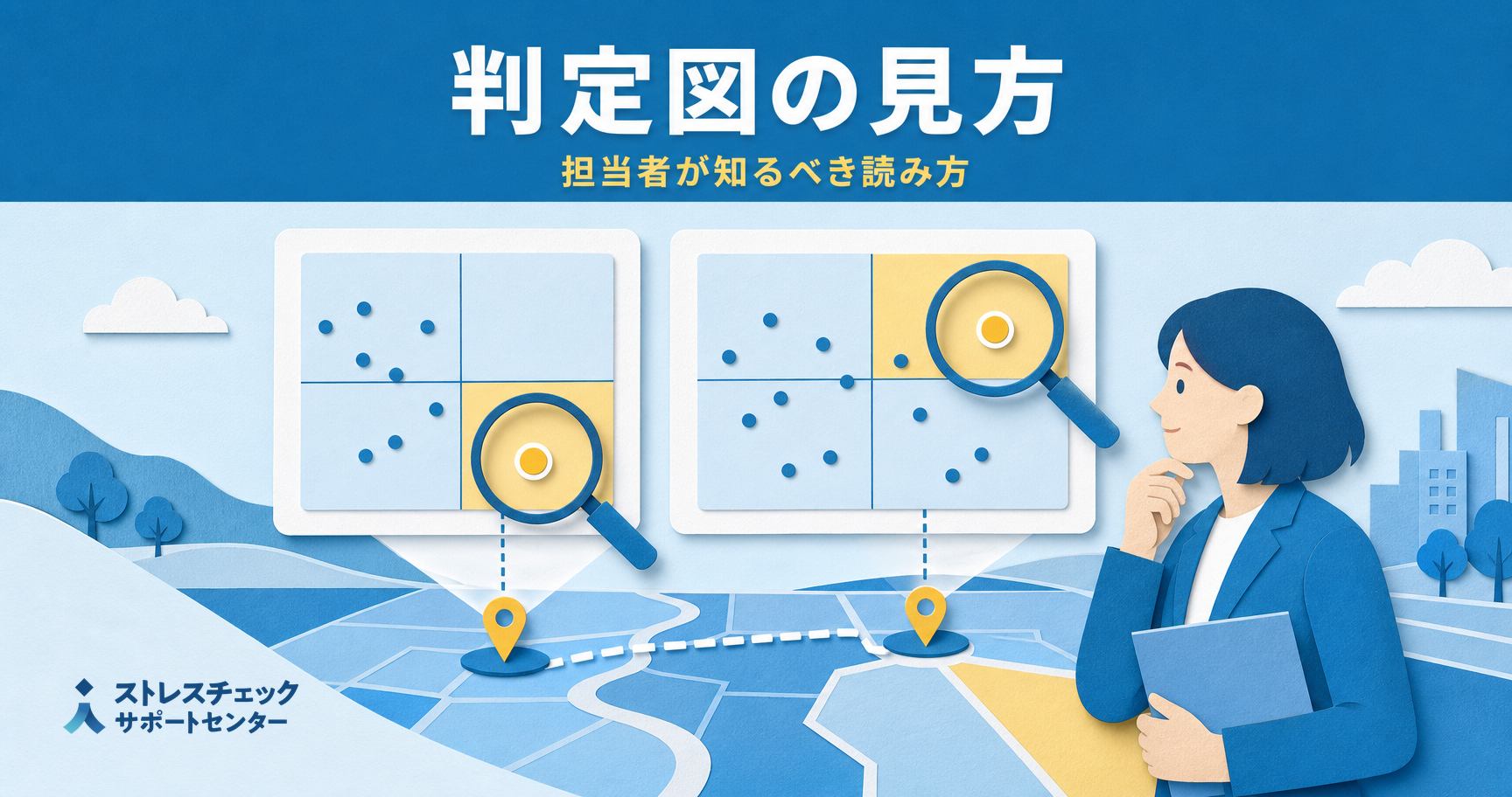 仕事のストレス判定図の2つのグラフと健康リスク値の見方を読み解くイメージ