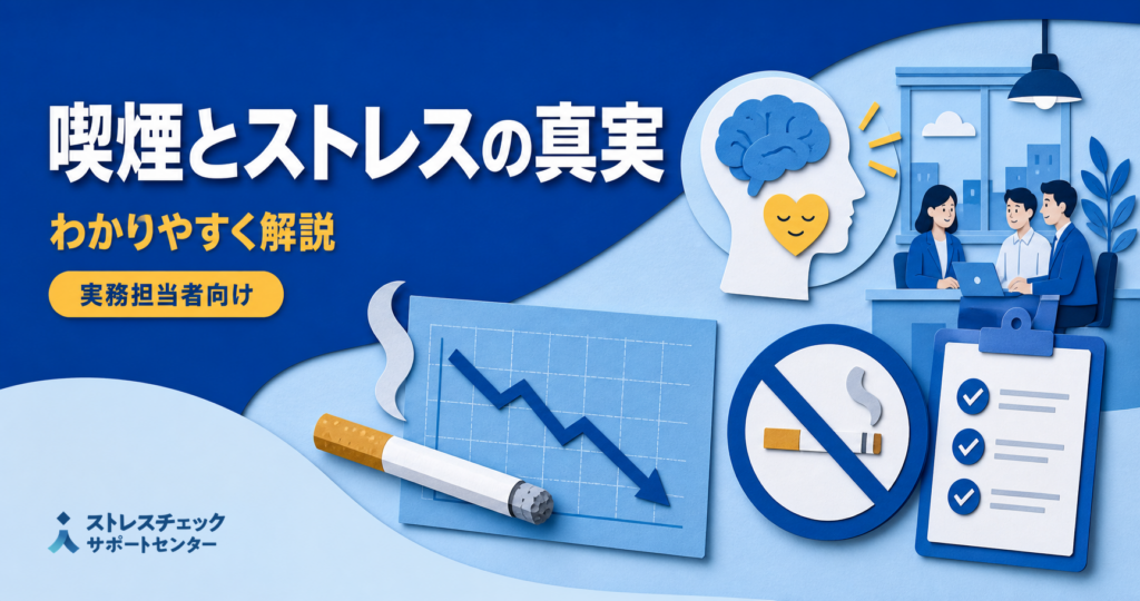 タバコとストレスの関係や禁煙のメリット、職場の受動喫煙対策を示すイメージ