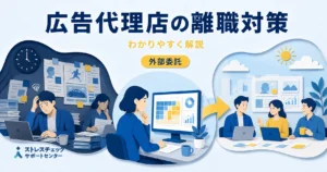 Japanese: 広告代理店の離職対策を解説するオフィス風景。働く人たちがデータと資料で議論・分析している様子。外部委託を示す案内バナーが中央にある。