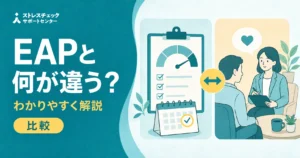 EAPとストレスチェックの違いを年1回の検査と専門家による相談支援の対比で示すイメージ