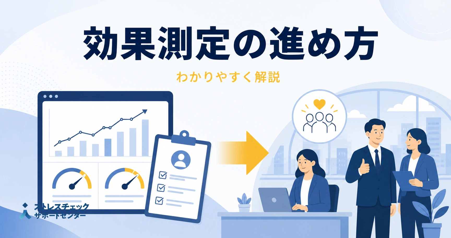 Infographic about implementing effectiveness measurement, with charts, a checklist, and a team discussion in an office setting.