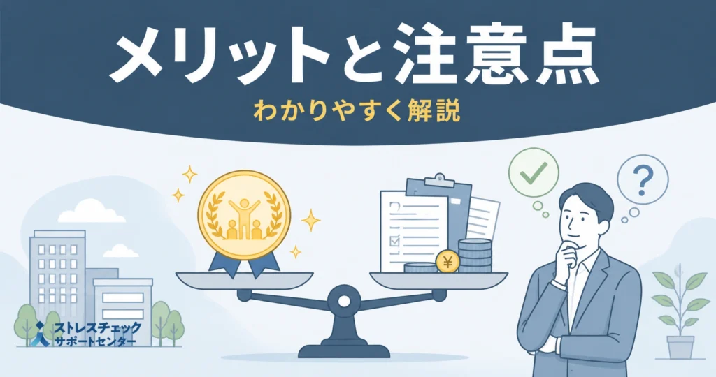 メリットと注意点を象徴する天秤の左に金メダルの賞、右に書類とコインを置く考え込むビジネスマンのイラスト。ストレスチェックサポートセンターの案内イメージ。