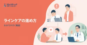 Banner with Japanese text 'ラインケアの進め方' and illustrations of professionals discussing care and a doctor on a laptop; stress support theme.