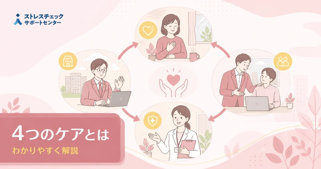 Illustration of a Stress Check Support Center explaining four care concepts with circular icons around a central heart symbol.