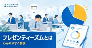 プレゼンティーズムとは何かを示す、出勤しながら不調で生産性が低下する状態と測定方法のイメージ