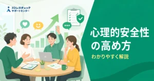 Team of four in a meeting around a round table with charts and a laptop; banner about improving psychological safety in Japanese.