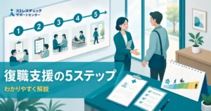 Illustration of a five-step return-to-work process with steps 1–5 on a wall, people consulting, and a handshake scene under a Japanese title.