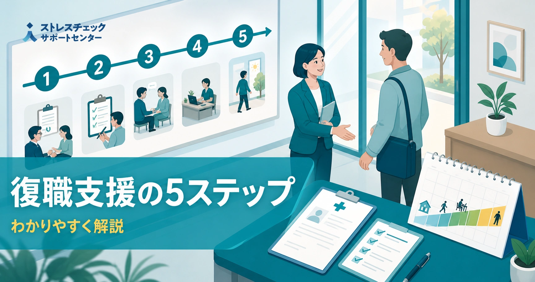 Illustration of a five-step return-to-work process with steps 1–5 on a wall, people consulting, and a handshake scene under a Japanese title.