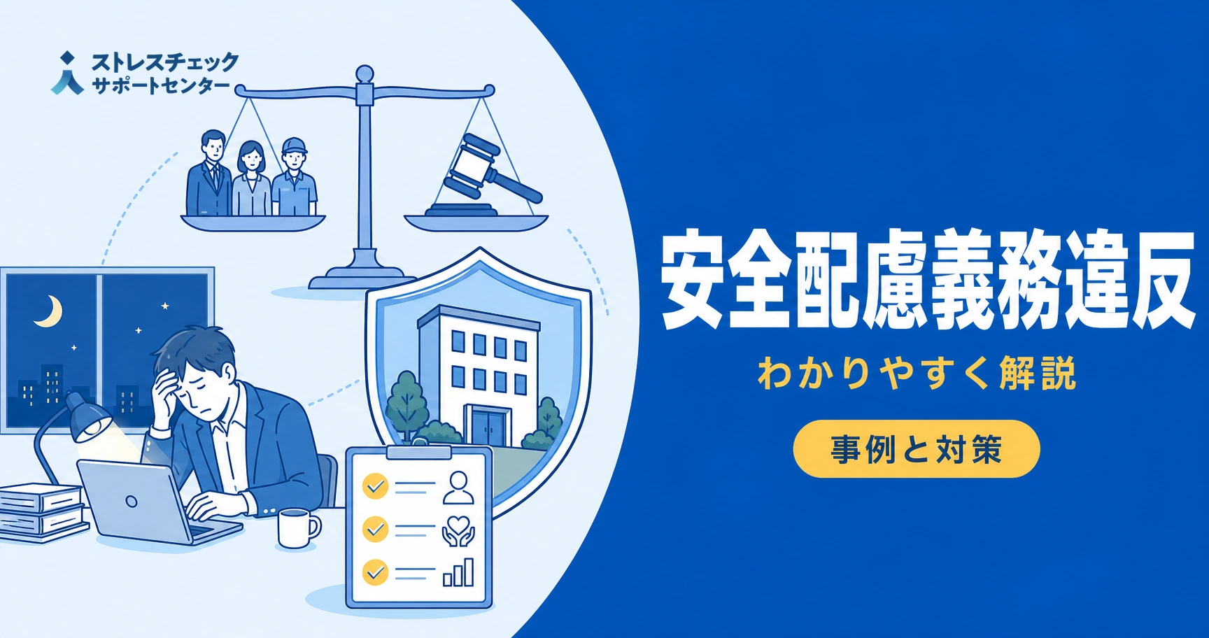 Illustration of scales of justice with three people on one side, a gavel on the other, a stressed man at a laptop, a shielded building, and a checklist, with Japanese text about safety obligation violations on a blue background.