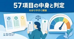 Person reviews several assessment sheets as a scale and a multi‑colored gauge loom in the background, with a Japanese title about a 57-item check (informational image).