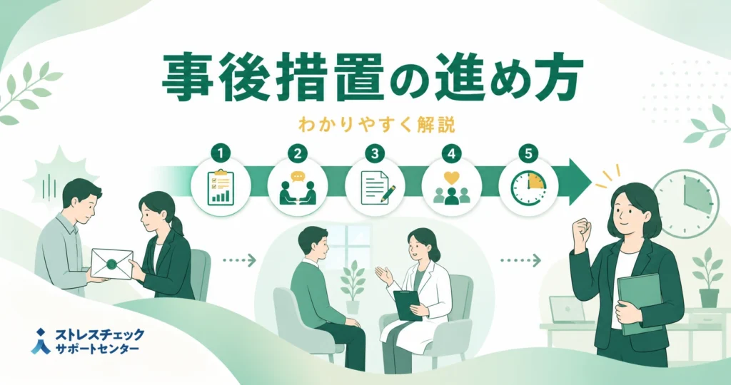 ストレスチェックの事後措置として結果通知から面接指導と就業上の措置までの流れを示すイメージ