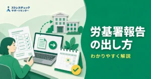 ストレスチェック結果の労働基準監督署への報告書作成と電子申請の流れを示すイメージ