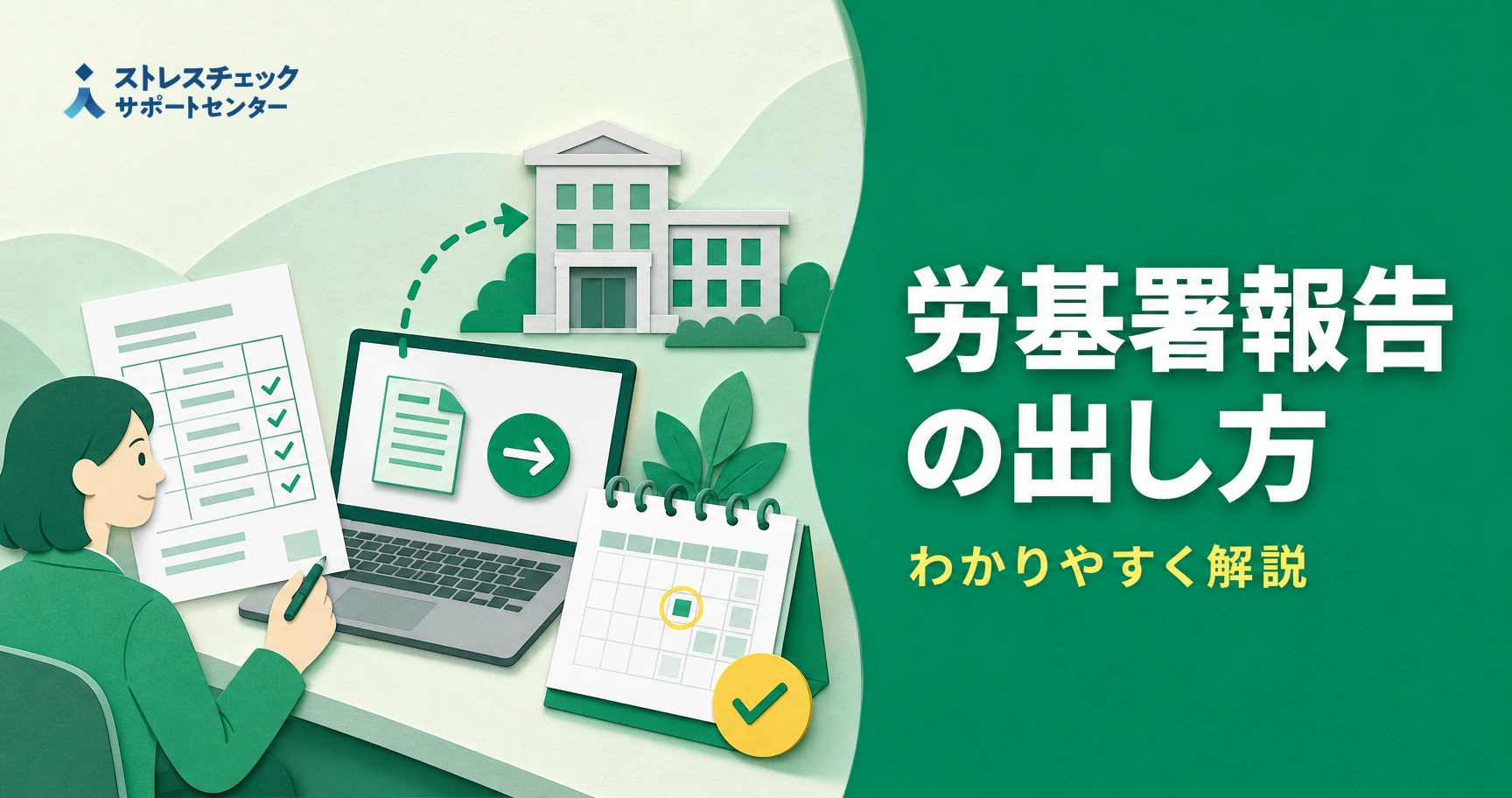 ストレスチェック結果の労働基準監督署への報告書作成と電子申請の流れを示すイメージ