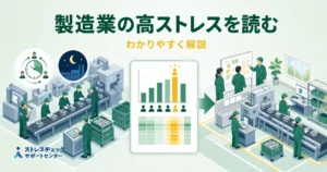 製造業で高ストレスが出やすい理由と集団分析の結果を職場環境の改善につなげる流れを示すイメージ