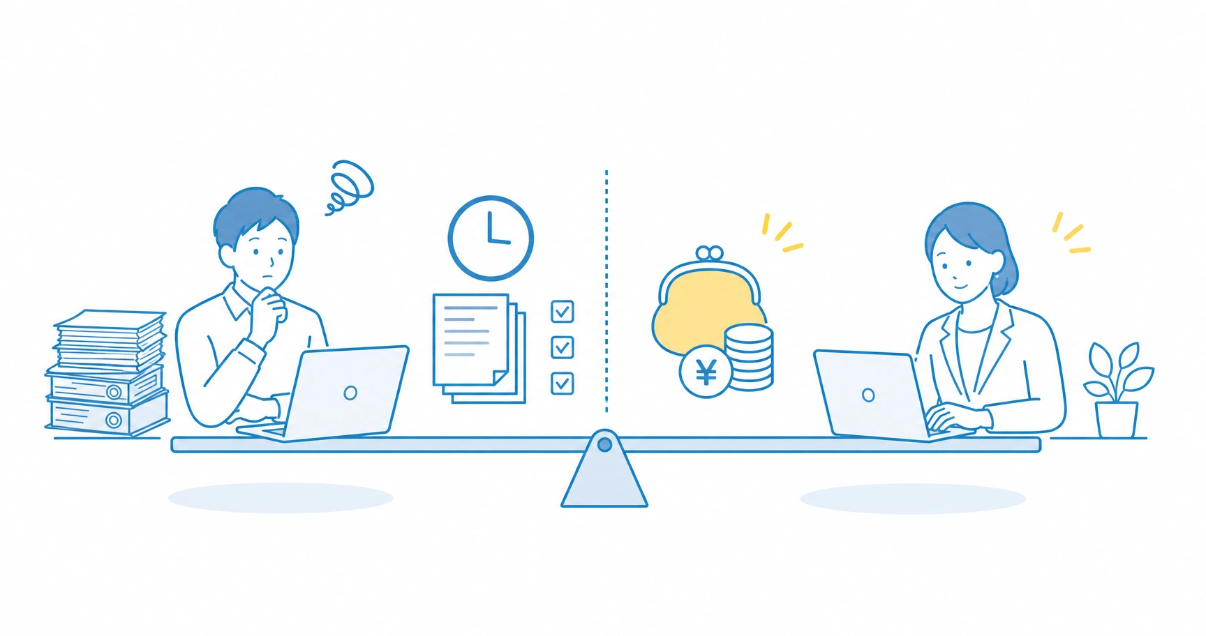 stress-check-outsourcing-pros-cons-fig-2 - ストレスチェックサポートセンター ストレスチェックの自社実施と外部委託を工数と費用の両面で比較した図