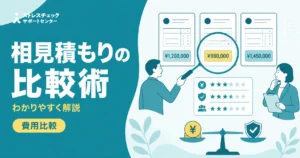 ストレスチェックの相見積もりで複数社の費用と品質を比べて委託先を選ぶ流れを示すイメージ