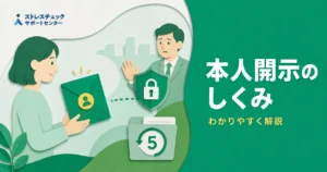 Woman hands a green envelope with a user icon to a worried man, with a shield lock and a '5' folder on a green background; security theme for personal disclosure.