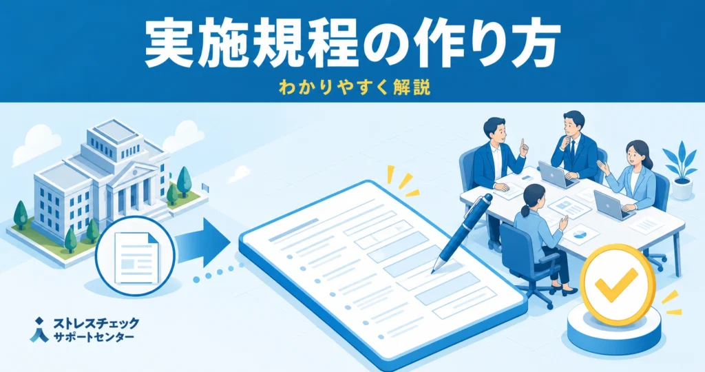 ストレスチェック実施規程のひな形を衛生委員会での審議を経て自社向けに整える流れを示すイメージ