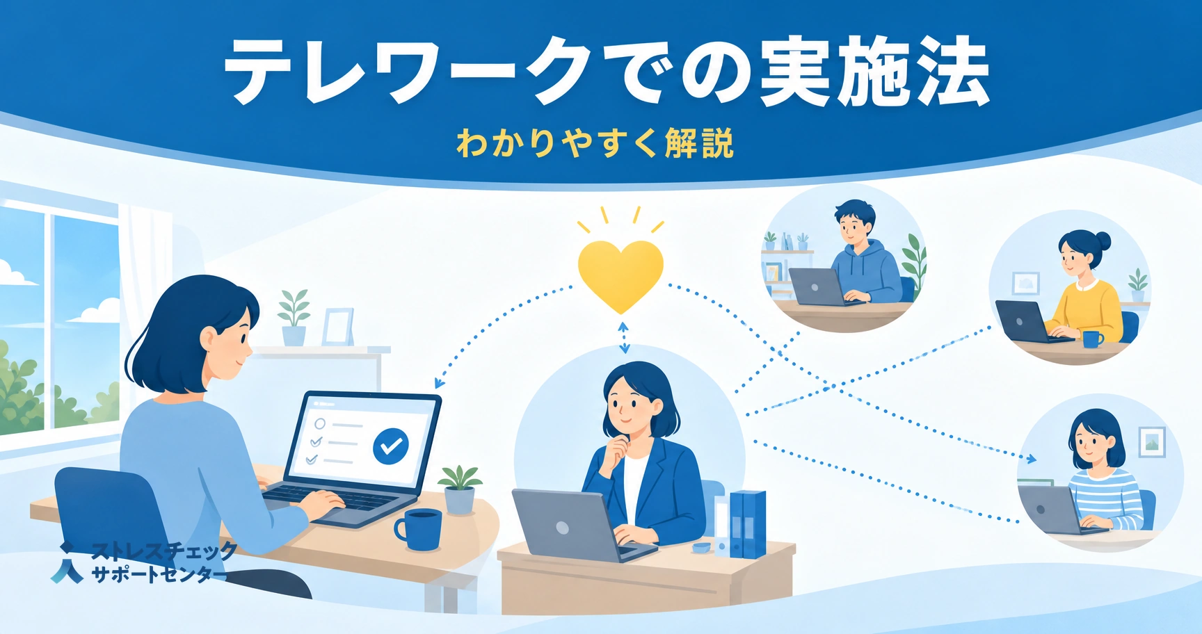テレワーク中の従業員へのストレスチェックをWeb受検で出社なしに実施し不調に気づく仕組みを示すイメージ