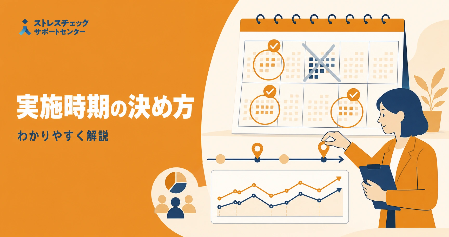 ストレスチェックの実施時期を繁忙期を避けて年間スケジュールから決める流れを示すイメージ