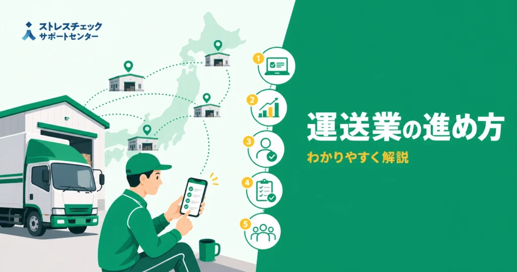 Delivery driver using a tablet beside a loading truck, with warehouses and a global map showing connected locations; Japanese logistics infographic on the right.