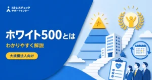 健康経営優良法人の大規模法人部門で上位500社のホワイト500の位置づけと認定への道筋を示すイメージ