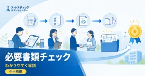 健康経営優良法人の申請に必要な書類と準備の流れを中小規模法人部門向けに示すイメージ