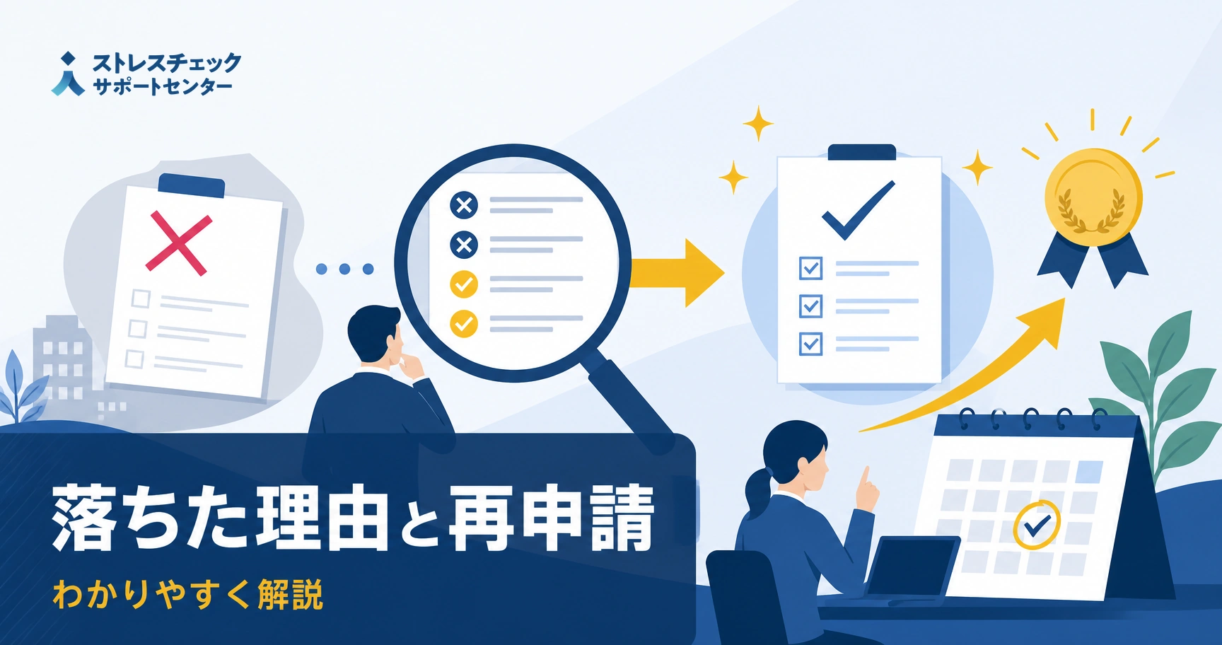 健康経営優良法人に落ちた理由を確認し、必須項目やエビデンスを補って再申請で認定を目指す流れを示すイメージ