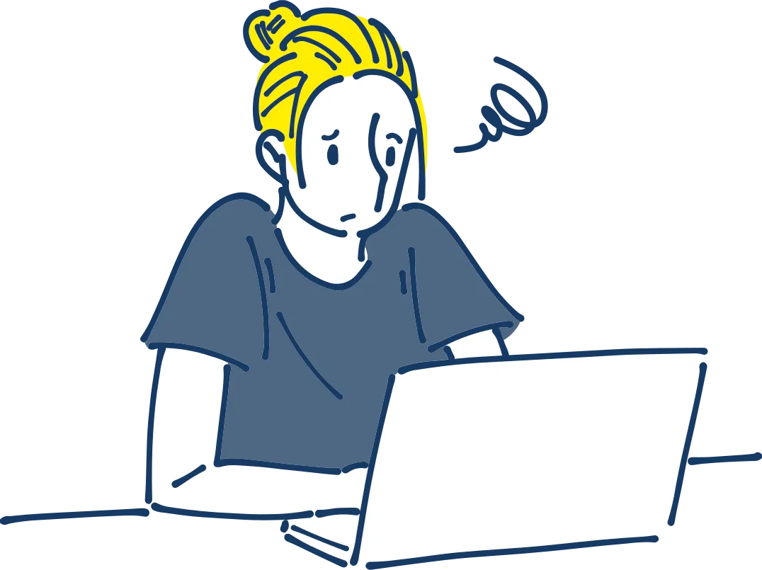 ノートPCの前で頭を抱える担当者のイラスト