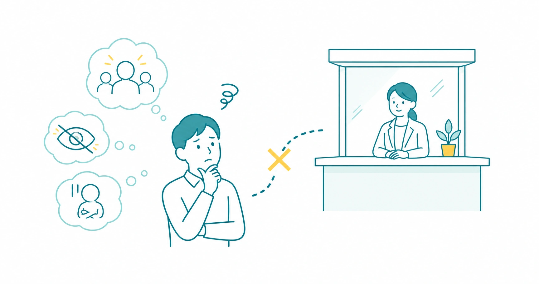 mental-health-consultation-desk-fig-2 - ストレスチェックサポートセンター 社内の相談窓口が使われない典型的な失敗パターンと従業員の不安を示すイメージ