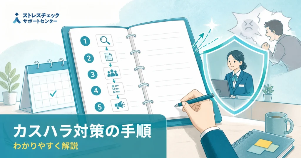 Informative illustration showing steps for handling harassment at work, with a planner, calendar, shield, and a smiling receptionist logo in the background.