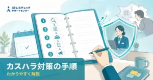 Informative illustration showing steps for handling harassment at work, with a planner, calendar, shield, and a smiling receptionist logo in the background.