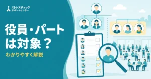役員とパートが対象かを解説する情報図。クリップボードと拡大鏡、職場の人々を描く。